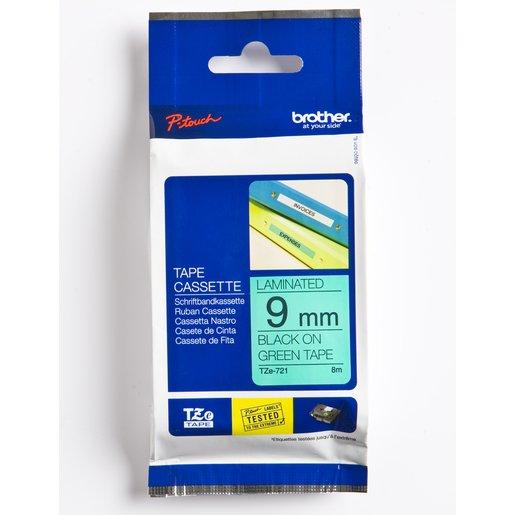 Schriftbandkassette TZe721 Bandfarbe grün, Schriftfarbe schwarz, 9 mm