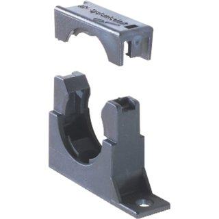 Halterung mit zusätzlicher Lasche für Kabelschutzschlauch an Anlagen