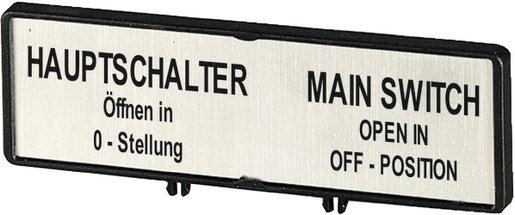 Träger + Schild Hauptschalter nur in 0-Stellung öffnen in DE/EN
