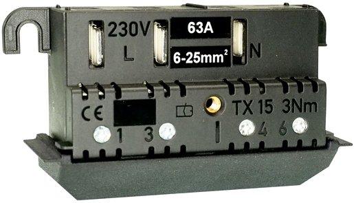 Steckleiste 2-polig (1P+N) Wechselstrom 63A gG Anschluss unten