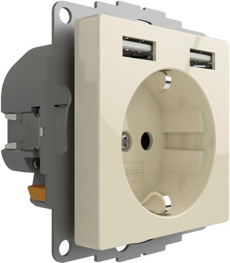 Schuko Steckdose mit 2 USB-Anschlüssen cremeweiß glänzend 12W 2,4A