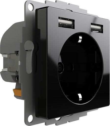 Schuko Steckdose mit 2 USB-Anschlüssen schwarz glänzend 12W 2,4A