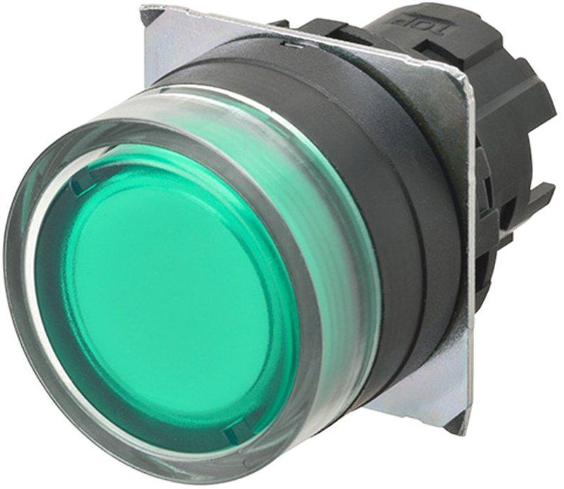 Drucktaster 22mm Kunststoffeinfassung Vollschutz grün / transparent beleuchtet