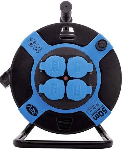 Kabeltrommel Kunststoff 4-fach IP44 50 m H05VV-F 3G1,5 mm² schwarz-blau