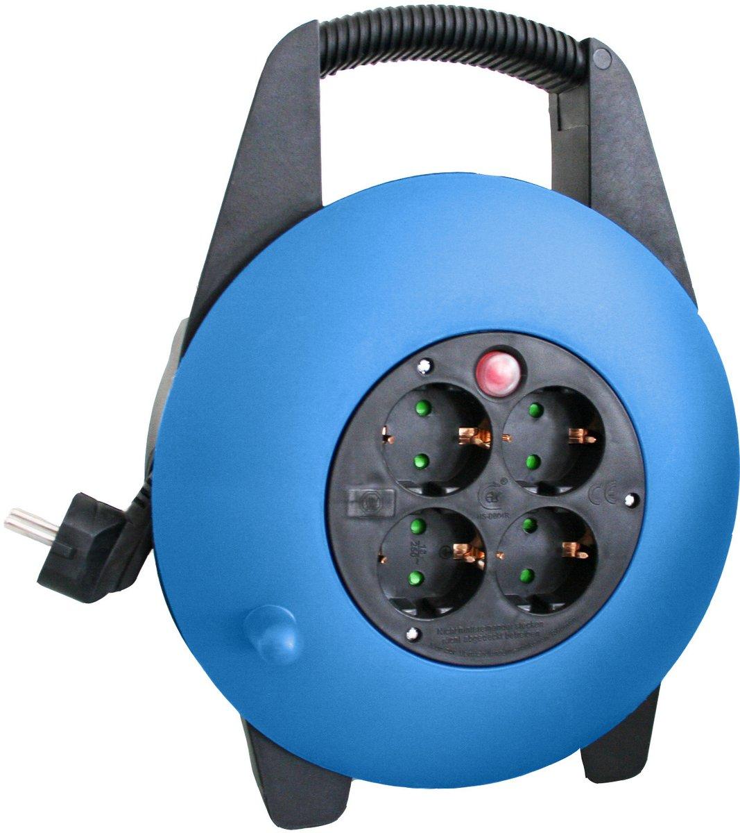 Kabelbox blau IP20 mit 15m H05VV-F 3G1,5 4 Schukosteckdosen