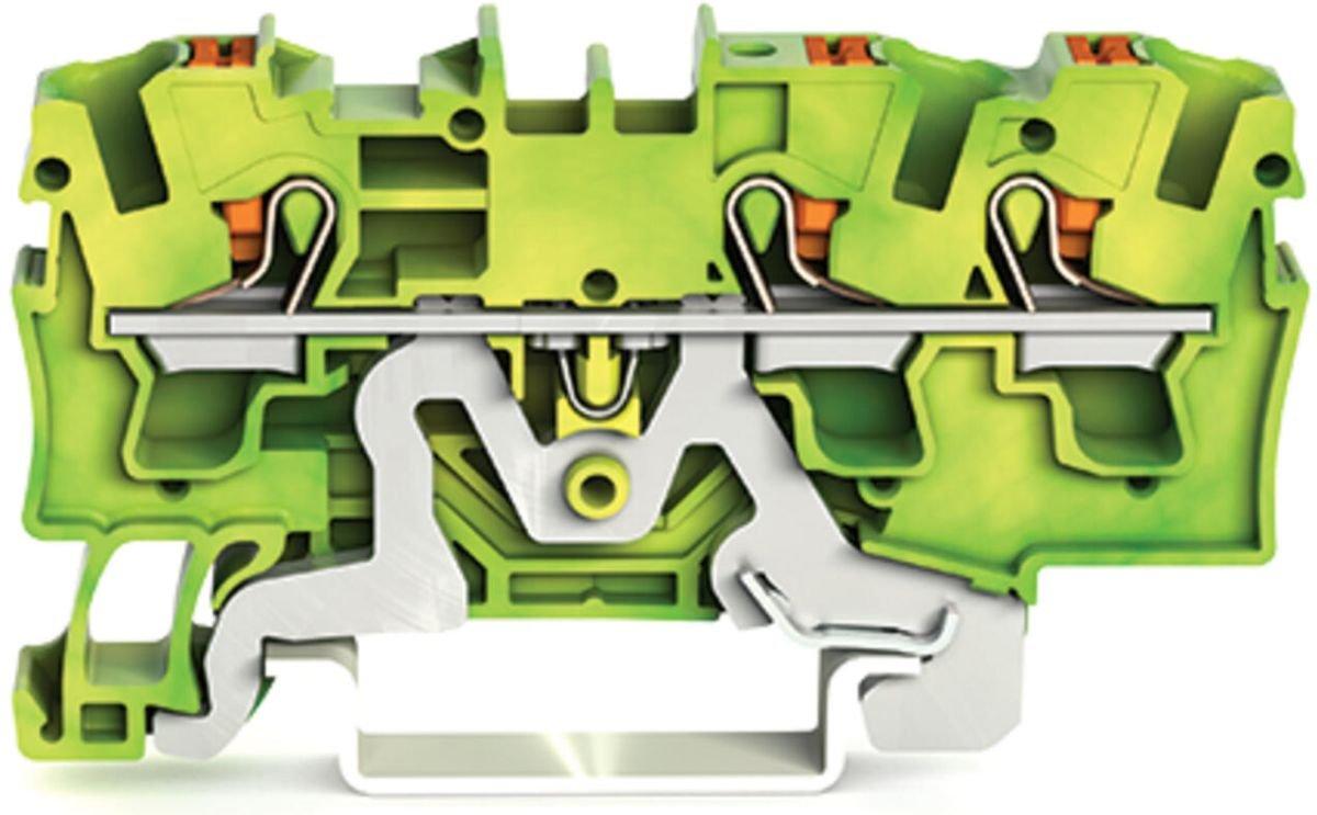 3-Leiter-Schutzleiterklemme mit Drücker 4 mm² mit Prüföffnung grün-gelb