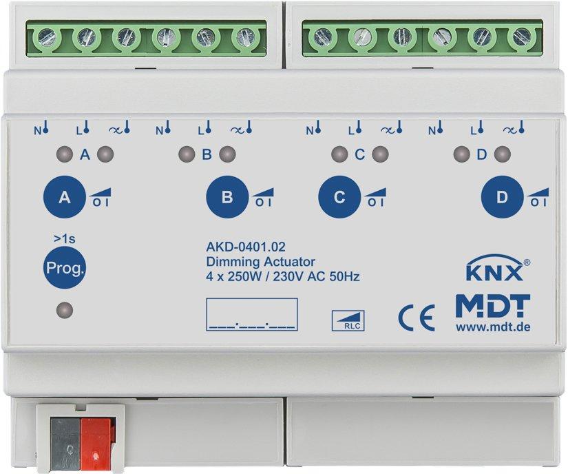 KNX Dimmaktor 4-fach 6TE REG 250&nbsp;W 230&nbsp;V&nbsp;AC mit Wirkleistungsmessung