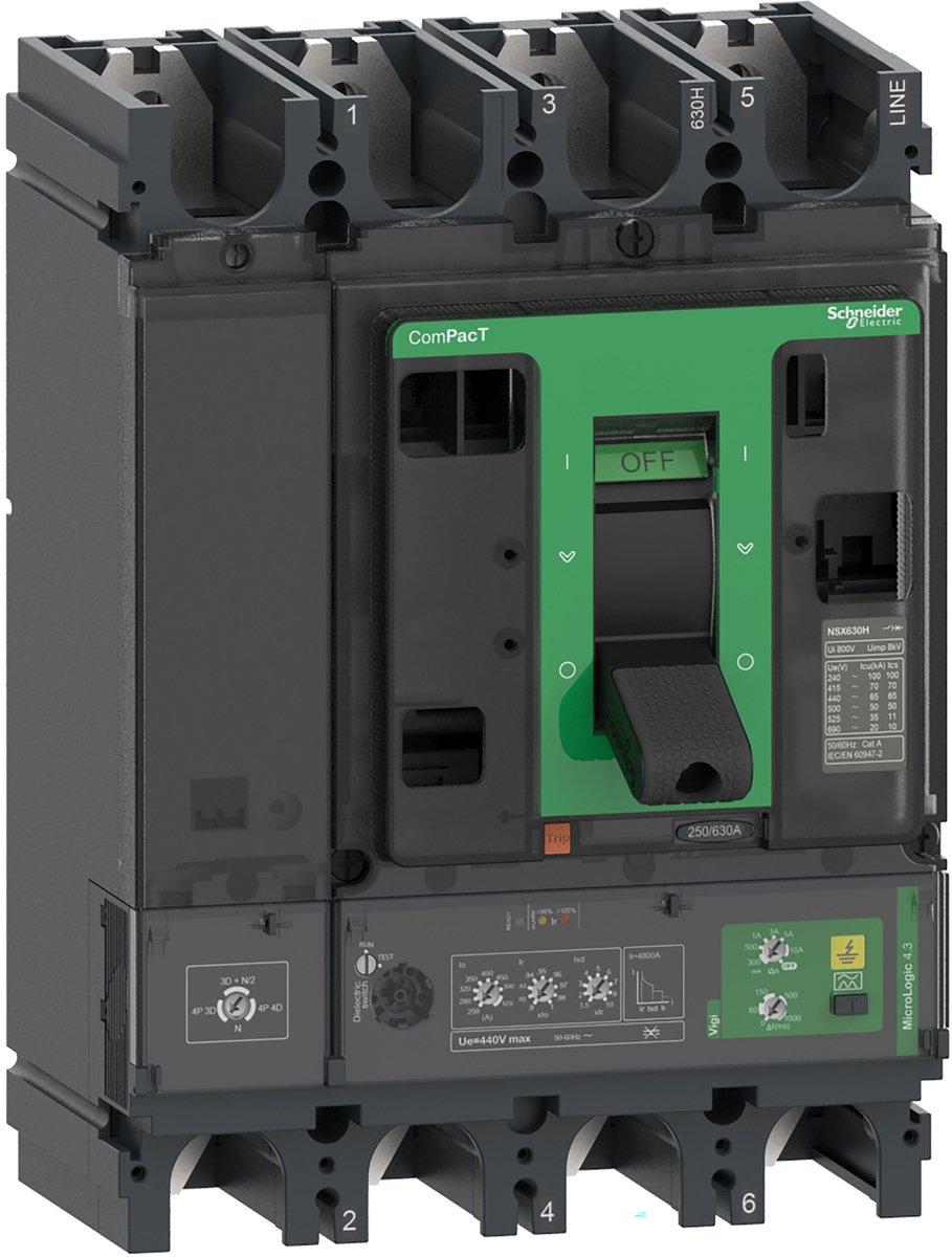 Kompaktleistungsschalter ComPacT NSX630H mit Micrologic 4.3 250-570A, 4P4D 70kA