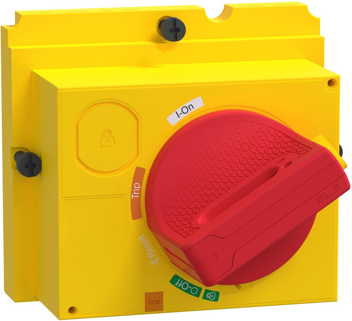 Direkter Drehantrieb für ComPacT NSX 100/160/250 roter Griff auf gelber Front