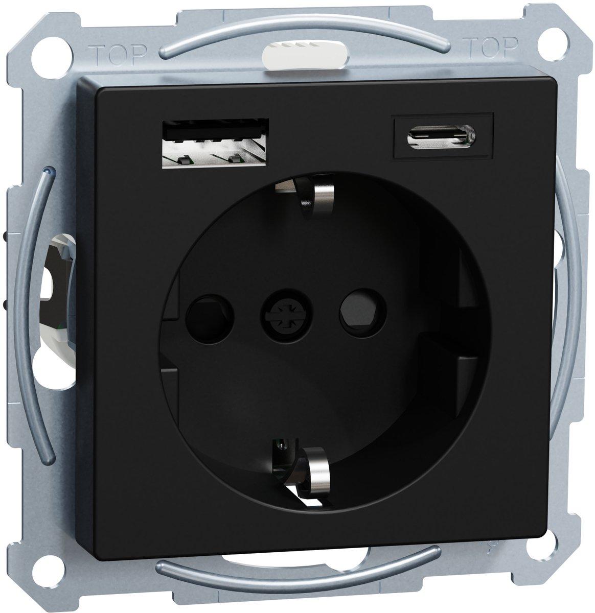 SCHUKO-Steckdose USB Ladegerät A+C erhöhter Berührungsschutz sw matt - recycelt