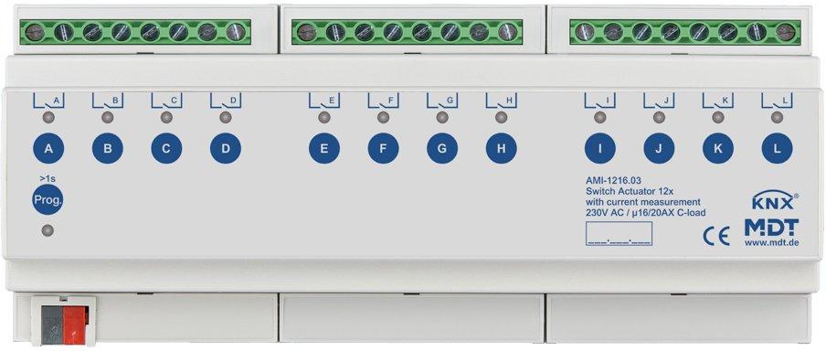 KNX Schaltaktor 12-fach 12TE REG 16/20&nbsp;A 230VAC C-Last Strommessung 200&nbsp;µF