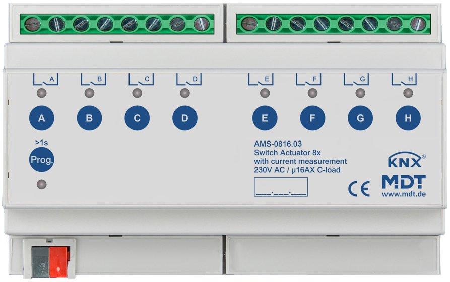 KNX Schaltaktor 8-fach 8TE REG 16&nbsp;A 230&nbsp;V&nbsp;AC C-Last Strommessung 140&nbsp;µF