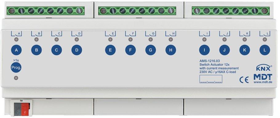 KNX Schaltaktor 12-fach 12TE REG 16&nbsp;A 230&nbsp;V&nbsp;AC C-Last Strommessung 140&nbsp;µF