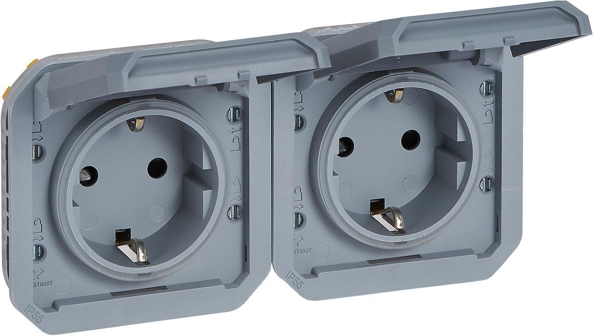 Plexo New Vorverdrahtete horizontale 2-fach Schuko-Steckdose Schraubklemmen Grau