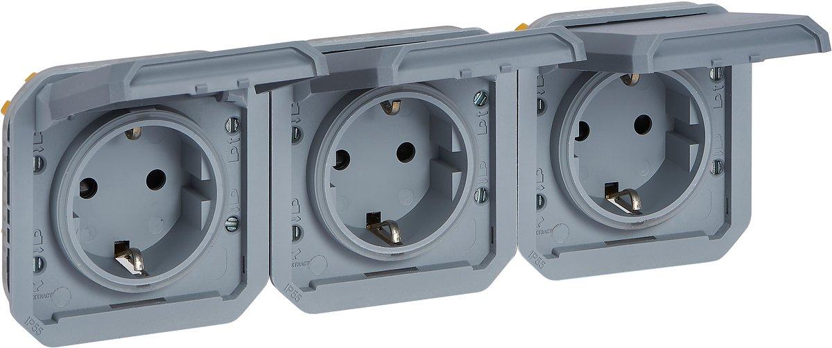 Plexo New Vorverdrahtete horizontale 3-fach Schuko-Steckdose Schraubklemmen Grau