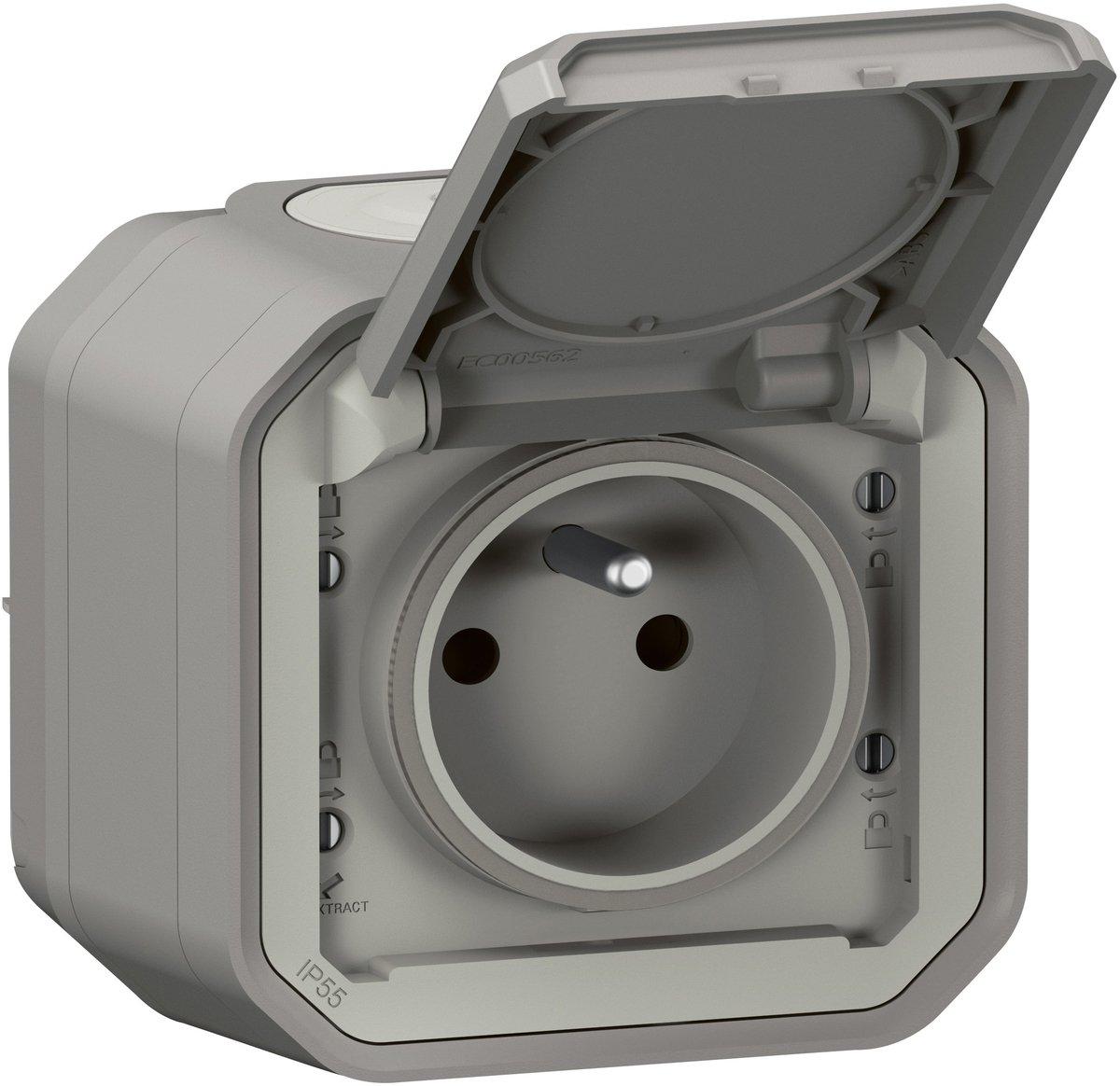 Plexo New Feuchtraum-AP Steckdose französischer/ belgischer Std. Steckklem. Grau