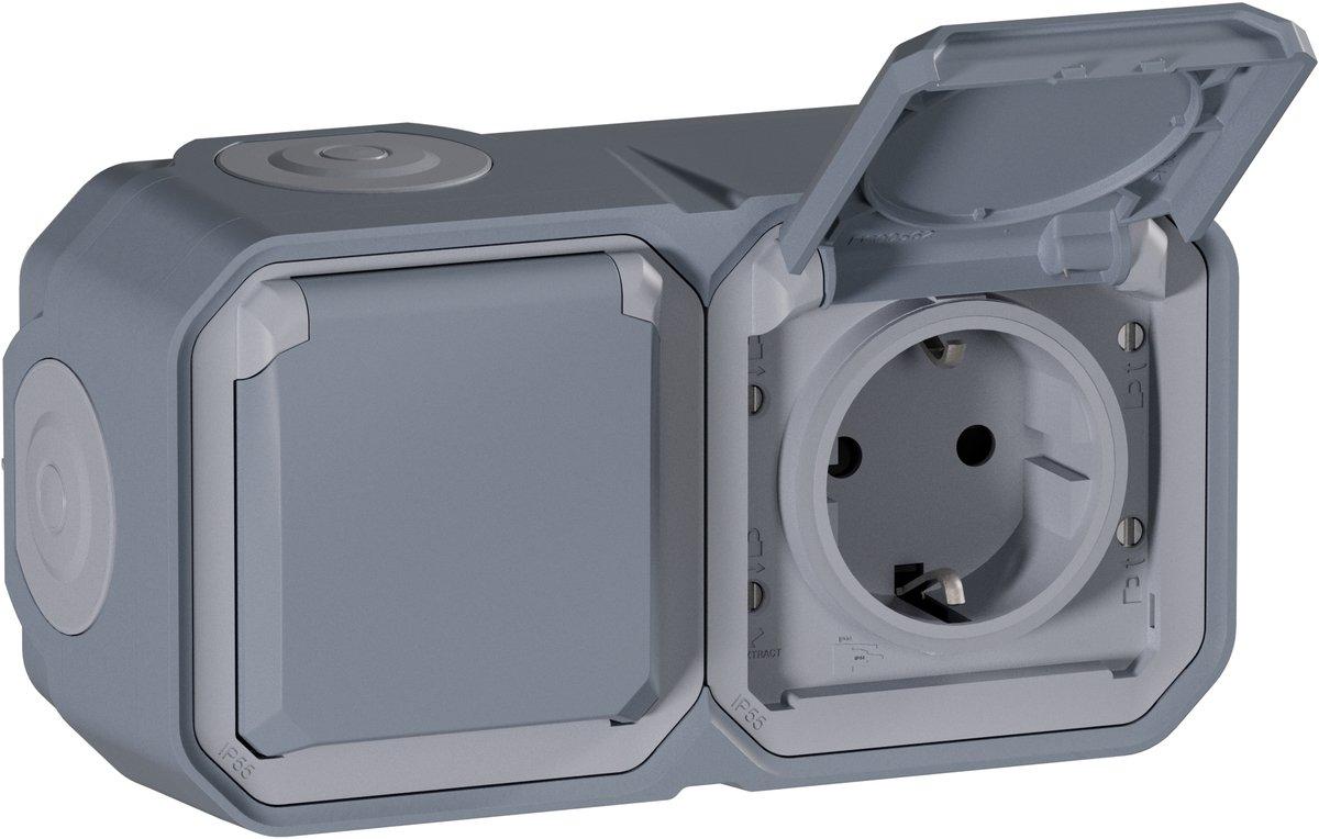 Plexo New Feuchtraum-AP Vorverdrahtete horizontale 2-fach Schuko-Steckdose Grau