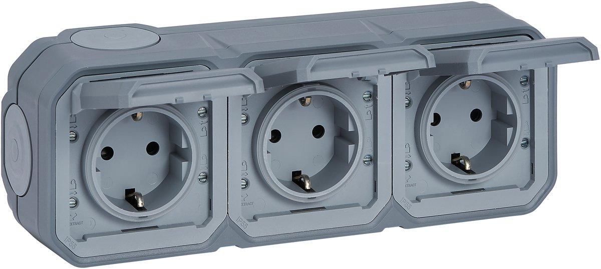Plexo New Feuchtraum-AP Vorverdrahtete horizontale 3-fach Schuko-Steckdose Grau