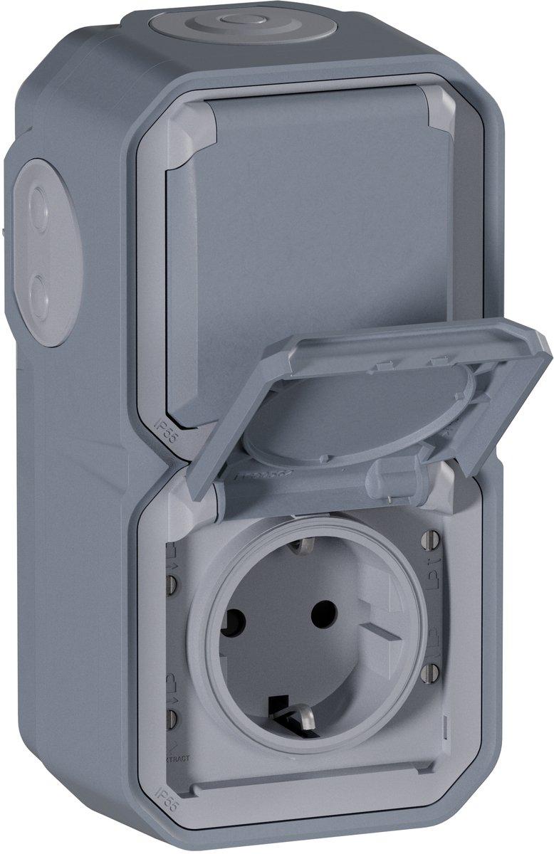 Plexo New Feuchtraum-AP Vorverdrahtete vertikale 2-fach Schuko-Steckdose Grau
