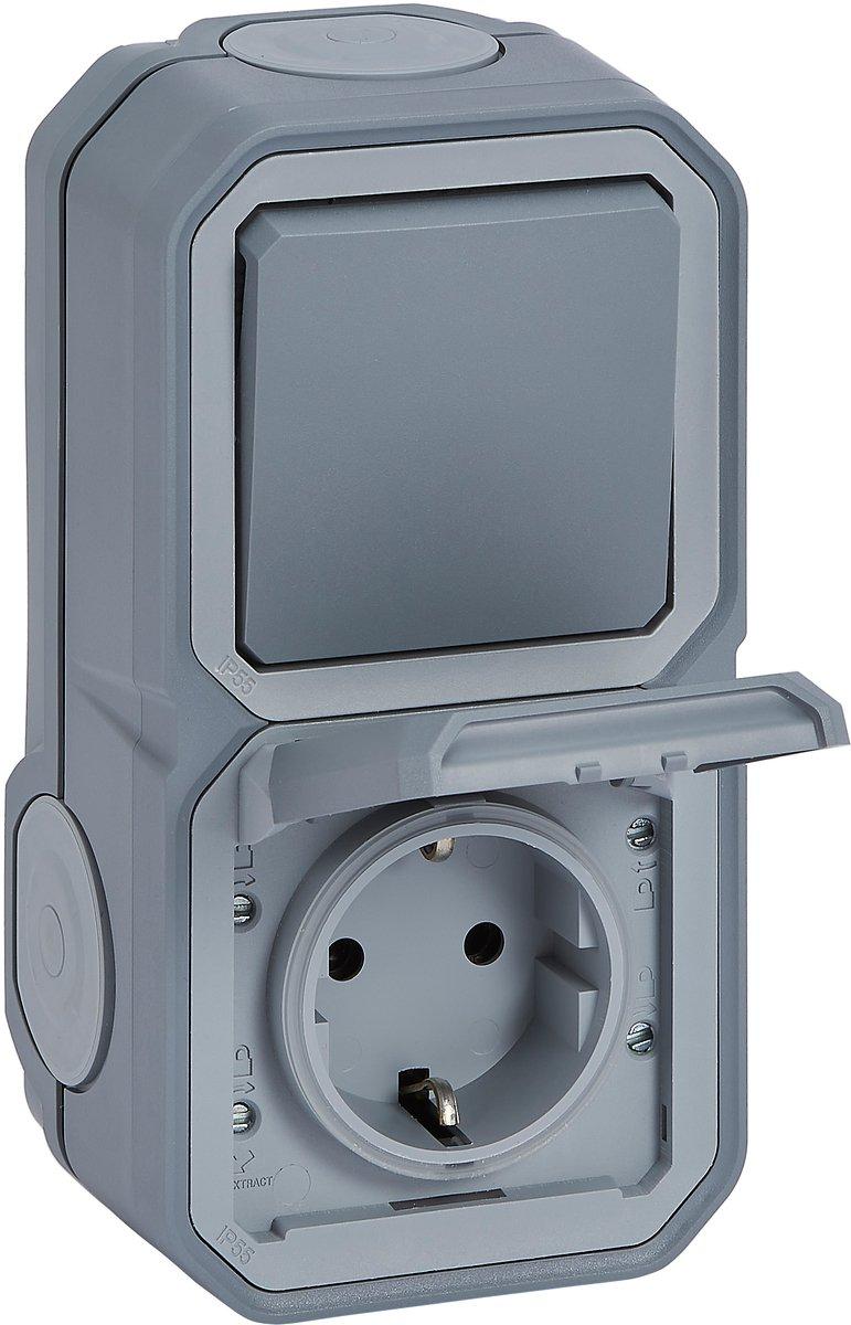 Plexo New FRAP Schuko-Steckdose+Wechselschalter horiz. u. vertikal. Steckklemmen