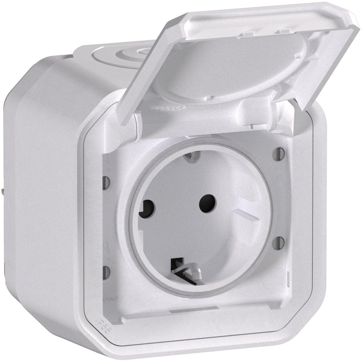 Plexo New Feuchtraum-Aufputz Schuko-Steckdose Steckklemmen IP 44 Ultraweiß
