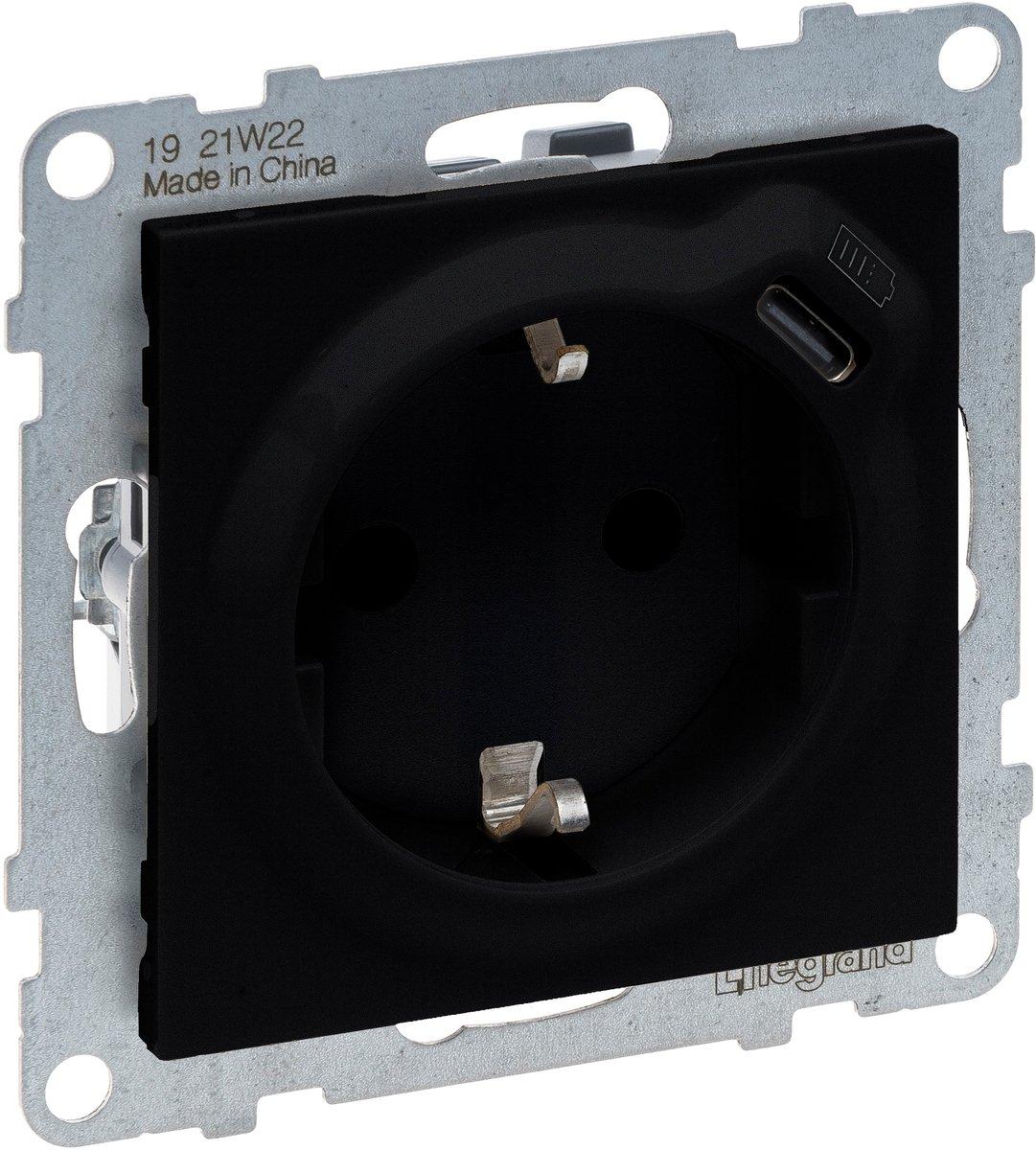 SEANO Schuko-Steckdose + USB-C mit Steckklemmen Farbe: Schwarz lackiert