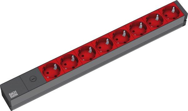 Steckdosenleiste 19" 1HE 8xSchutzkontaktsteckdosen rot 1xFUSE 10A Zuleitung 2,0m