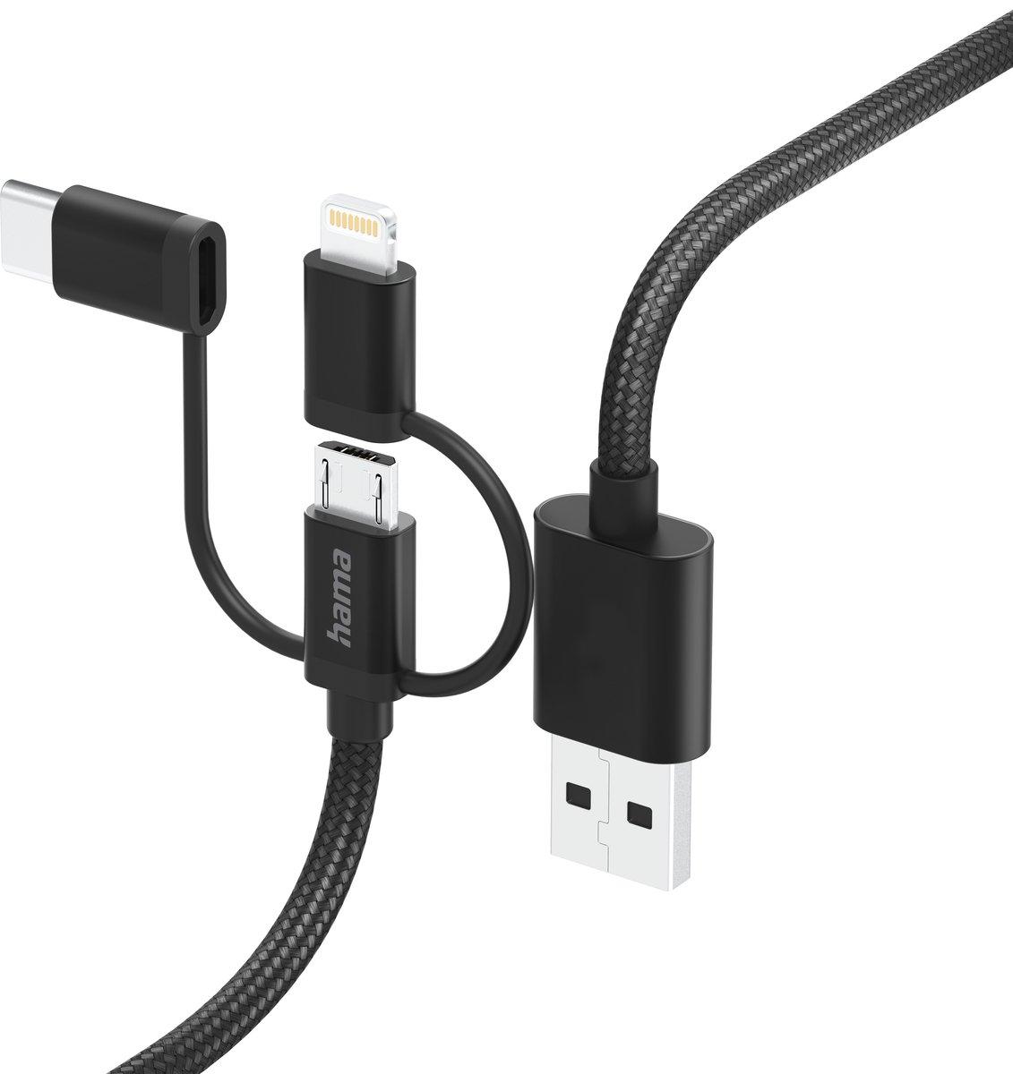 3in1 Multi-Ladekabel USB-A - Micro-USB USB-C u. Lightning 1,5 m Schwarz
