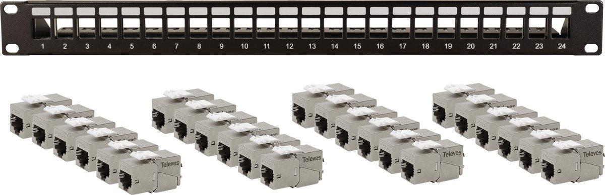 19 Zoll Patchpanel 1HE mit 24 RJ45 Cat6A Keystone Adapter