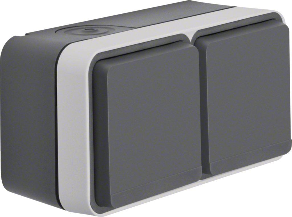 Steckdose SCHUKO AP 2f. waager. m. Klappd. 2 Leitungseinf. links W.1 IP55,grau